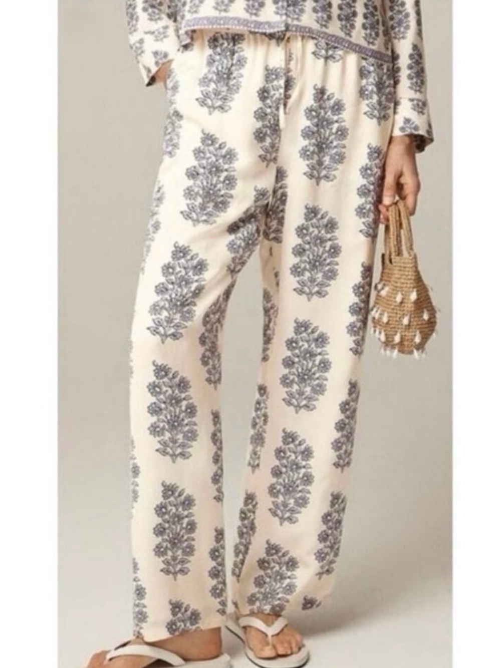 J. Crew Cream Wide-Leg Pants with Purple Botanical Print